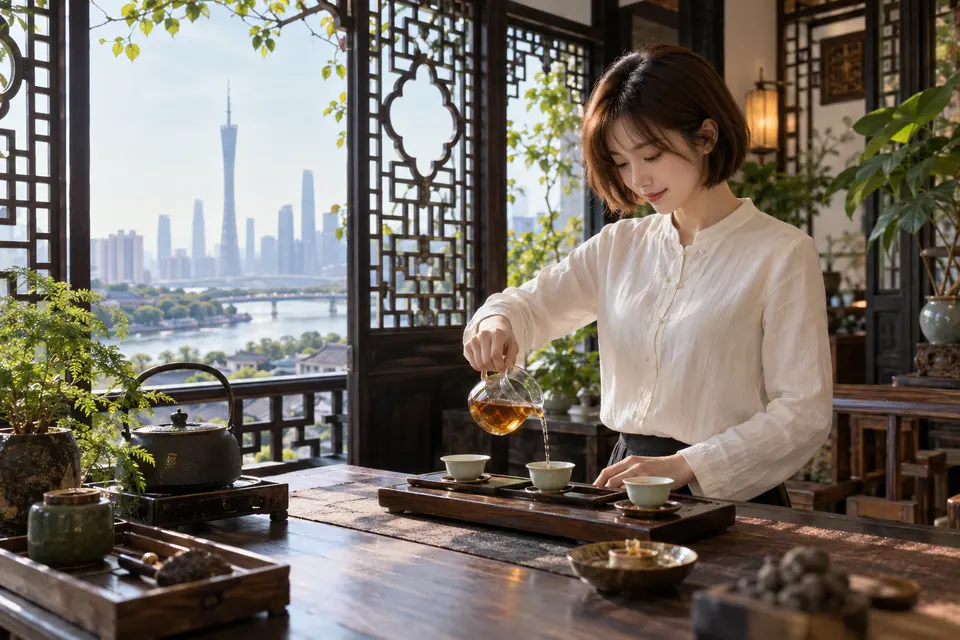 岭南花窗前的冲泡空间，公道杯与茶具置于席上
