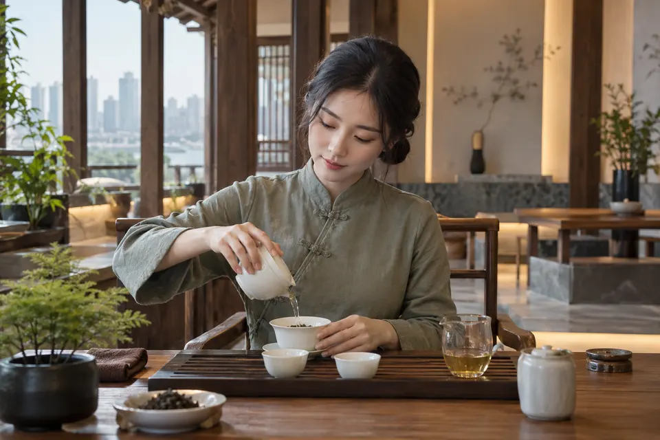 新中式盖碗冲泡场景，茶席上摆放盖碗与茶杯