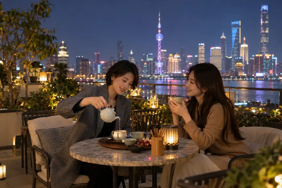 露台夜茶场景，朋友围坐倒茶交流