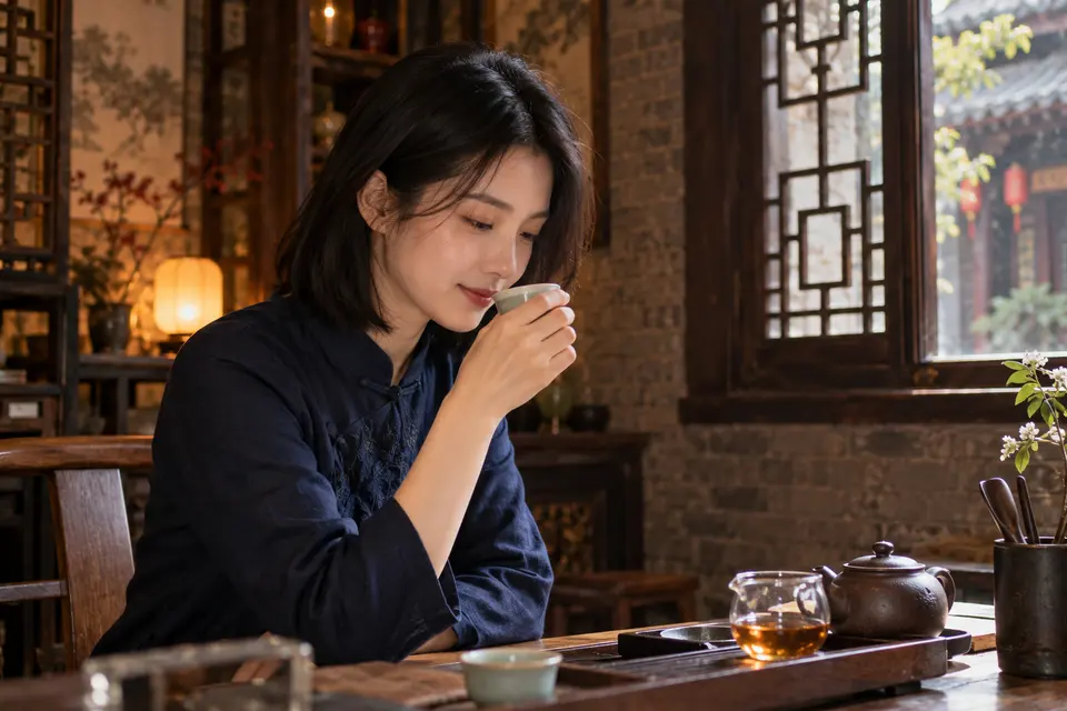 深色木作室内，陶杯置于席面，有人正在闻香