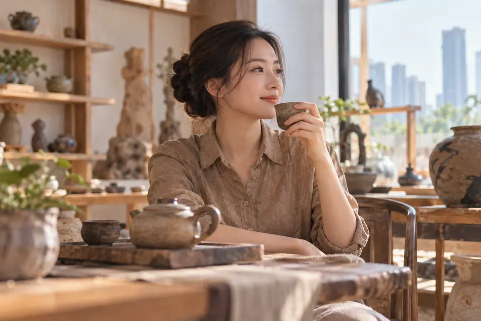 陶艺茶器工作室内，陶制茶具与茶杯陈列