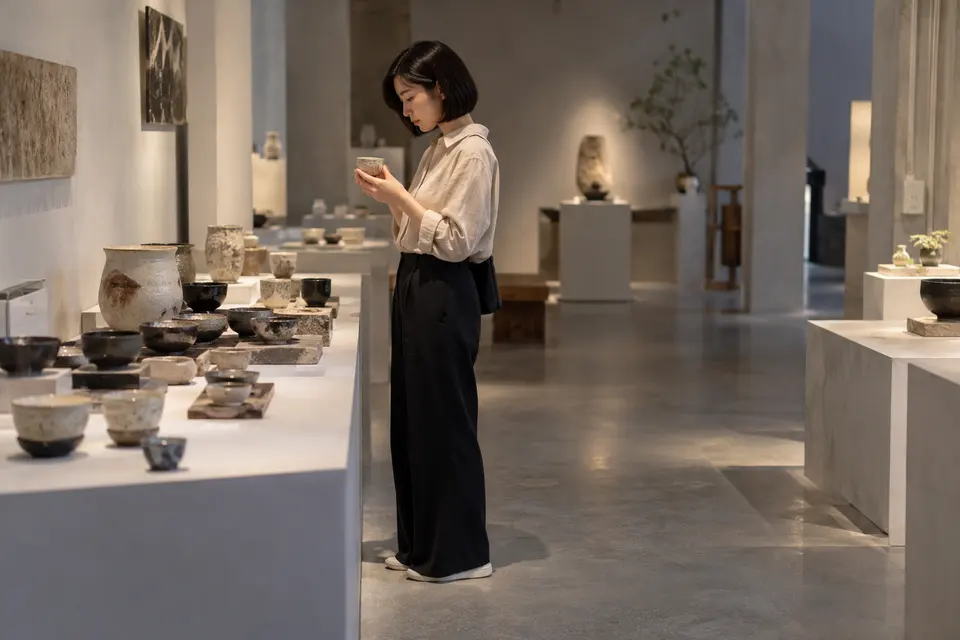 茶器展览现场，陶瓷茶器与品饮杯并列陈列