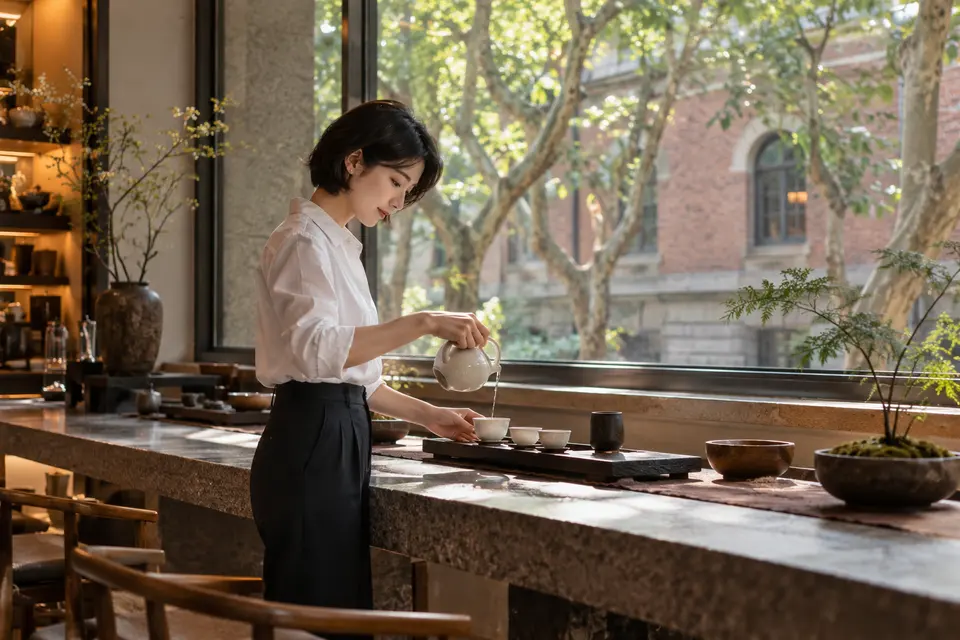 都市茶室内，白瓷茶具置于席面，有人正在倒茶